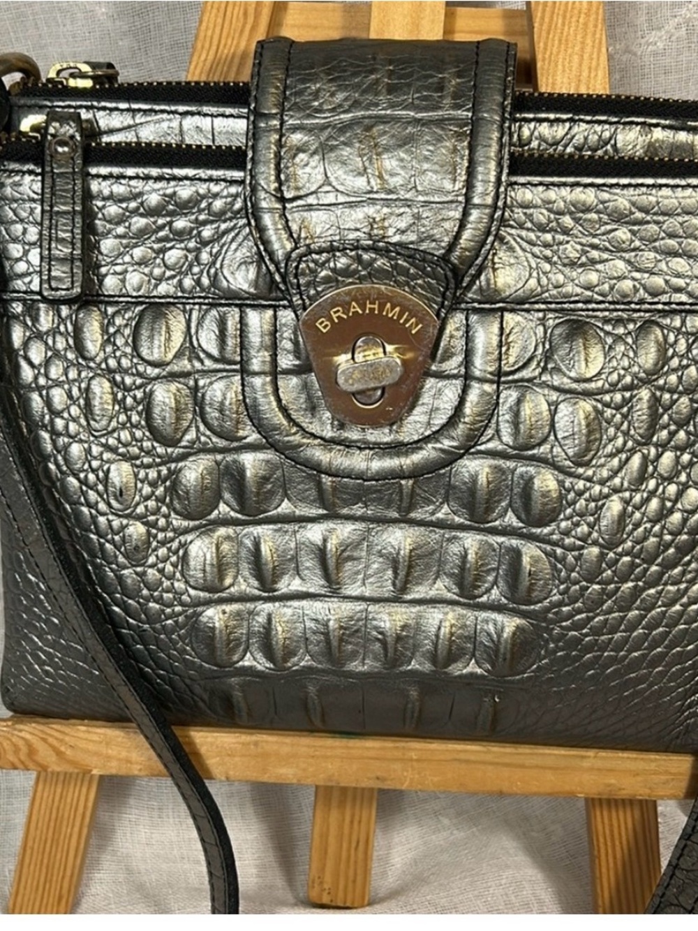 Brahmin Grey Metallic Melbourne Croc Leather Bag
